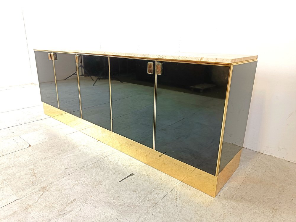 Black Lacquered and Travertine Credenza, 1980s