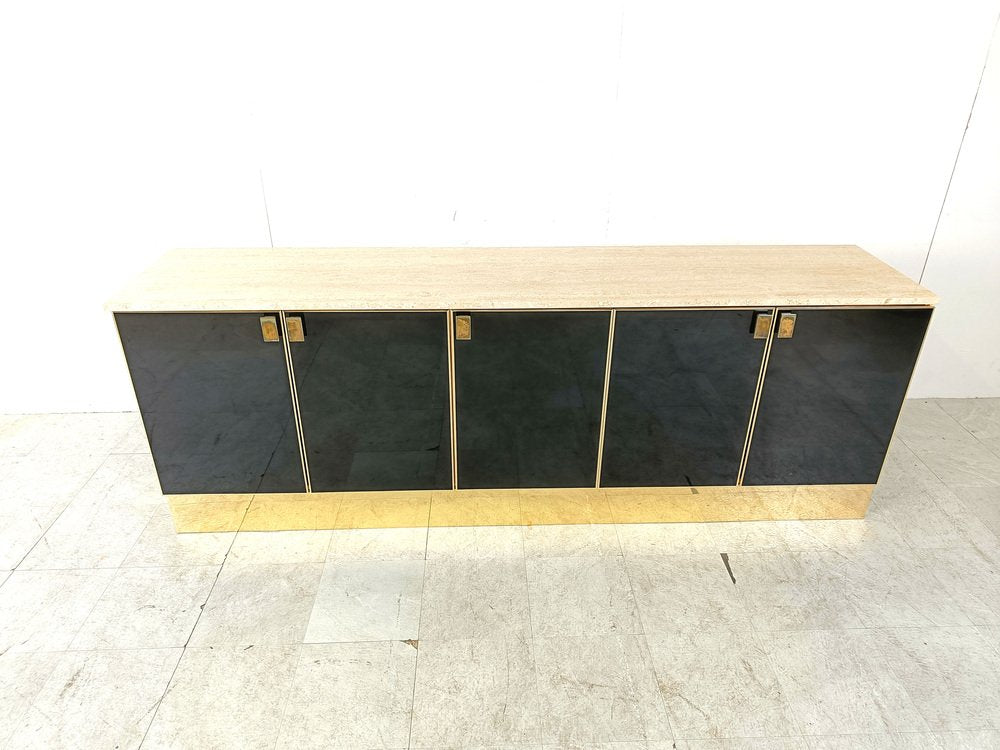 Black Lacquered and Travertine Credenza, 1980s