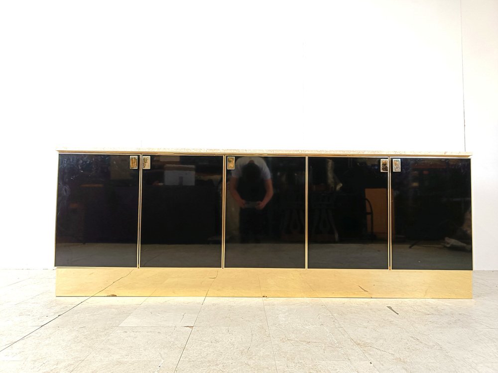 Black Lacquered and Travertine Credenza, 1980s