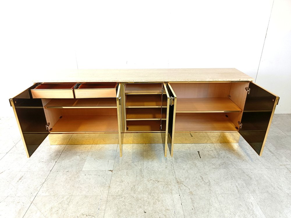 Black Lacquered and Travertine Credenza, 1980s