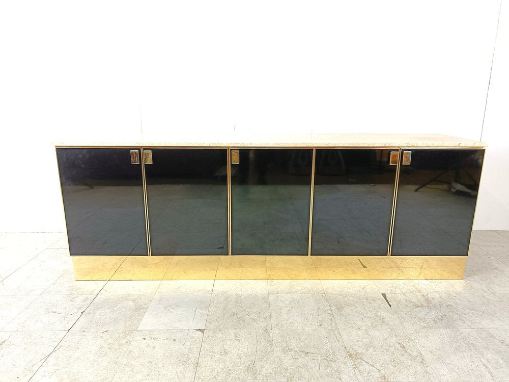 Black Lacquered and Travertine Credenza, 1980s