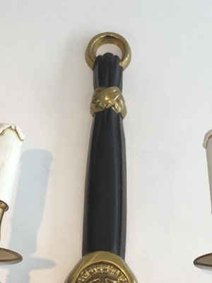 Black Lacquered Bronze Sconces Decorated with Lions Heads, Set of 2-BA-1365562