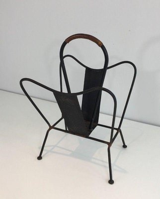 Black Lacquered Metal and Brown Leather Magazine Rack in the style of Jacques Adnet, 1940s-BA-1365598