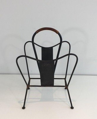 Black Lacquered Metal and Brown Leather Magazine Rack in the style of Jacques Adnet, 1940s-BA-1365598