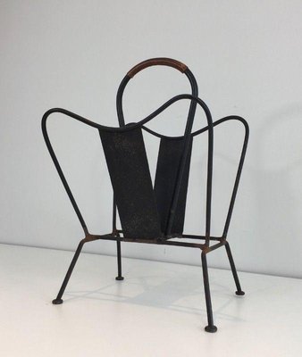 Black Lacquered Metal and Brown Leather Magazine Rack in the style of Jacques Adnet, 1940s-BA-1365598