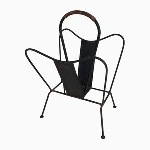 Black Lacquered Metal and Brown Leather Magazine Rack in the style of Jacques Adnet, 1940s-BA-1365598