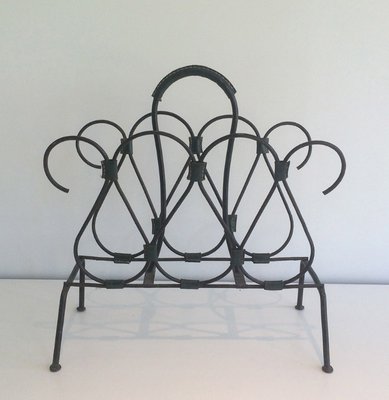 Black Lacquered Metal and Leather Magazine Rack, 1950s-BA-335023