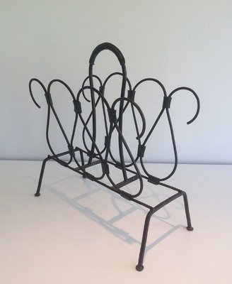 Black Lacquered Metal and Leather Magazine Rack, 1950s-BA-335023