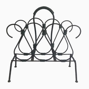 Black Lacquered Metal and Leather Magazine Rack, 1950s-BA-335023