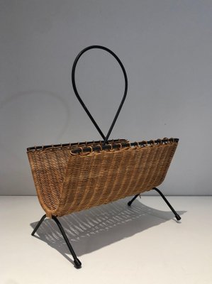 Black Lacquered Metal and Rattan Magazine Rack-BA-1365318