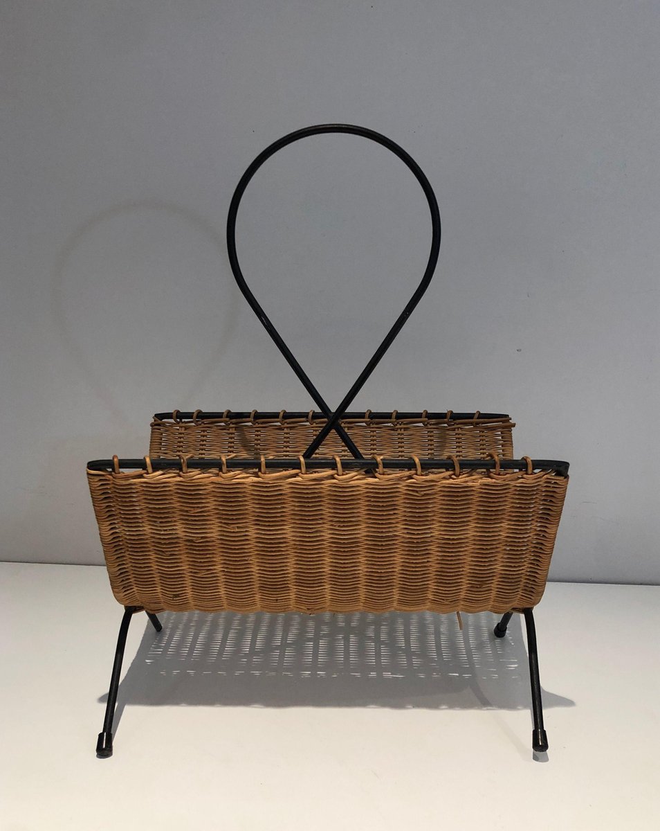 Black Lacquered Metal and Rattan Magazine Rack