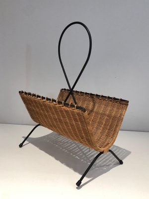 Black Lacquered Metal and Rattan Magazine Rack-BA-1365318