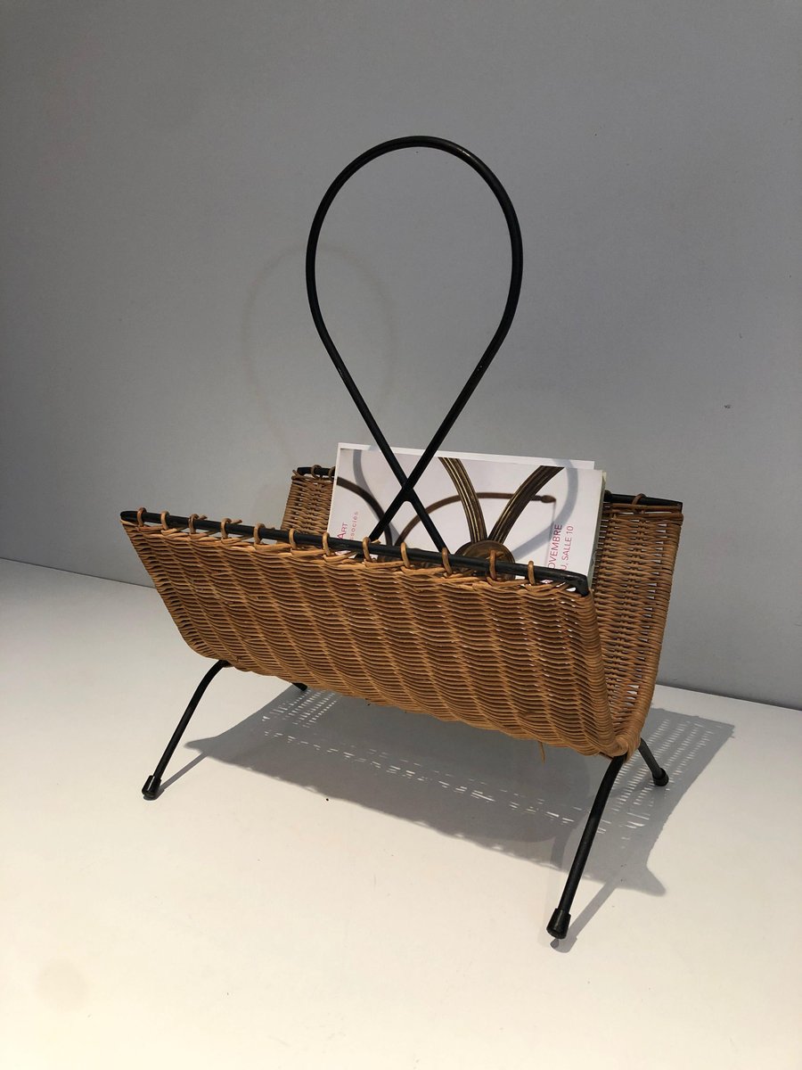 Black Lacquered Metal and Rattan Magazine Rack