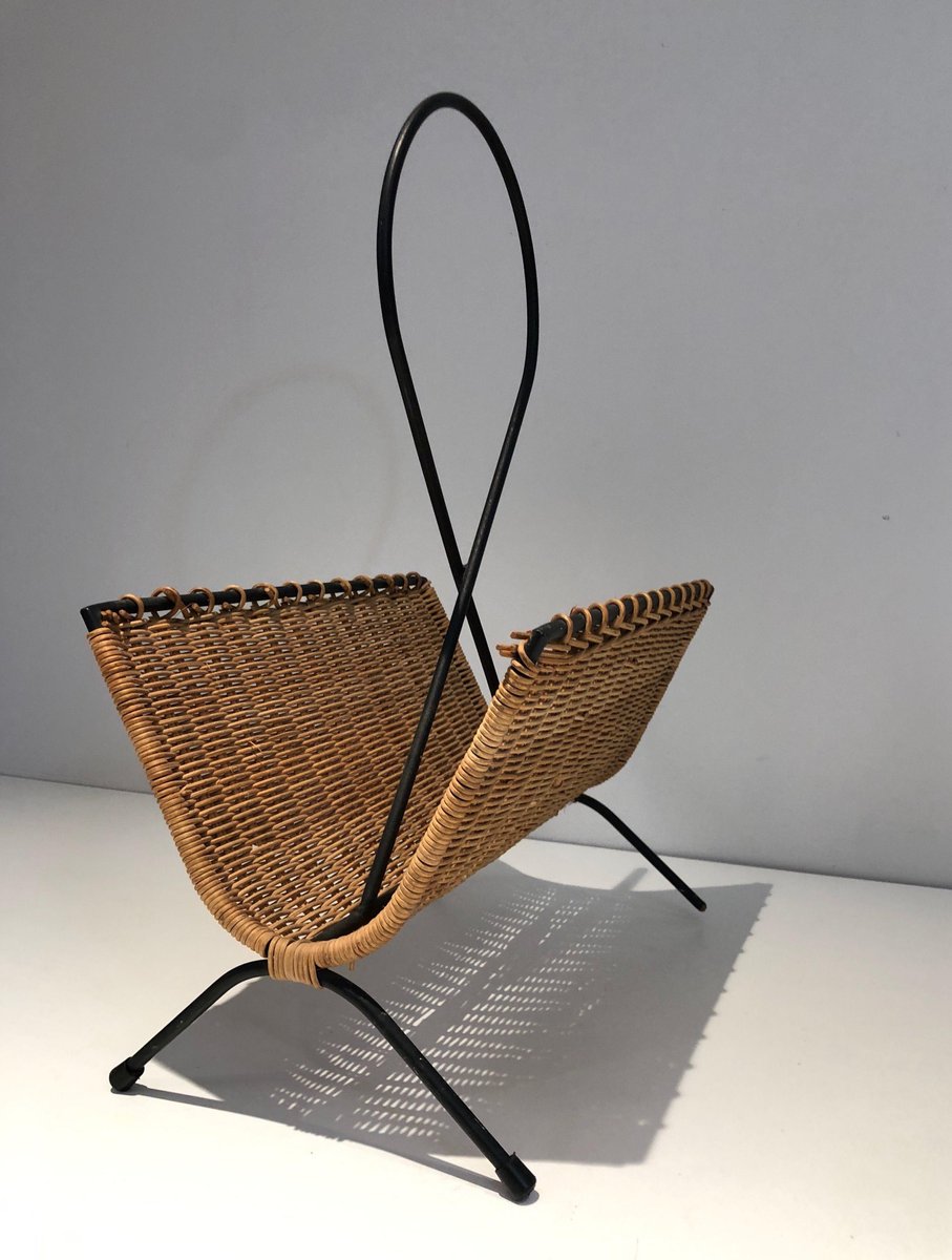 Black Lacquered Metal and Rattan Magazine Rack