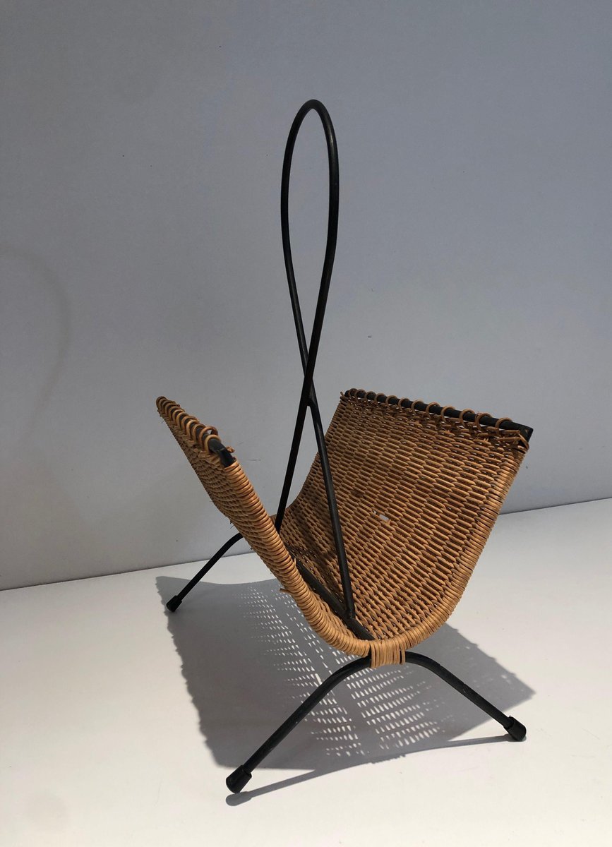 Black Lacquered Metal and Rattan Magazine Rack