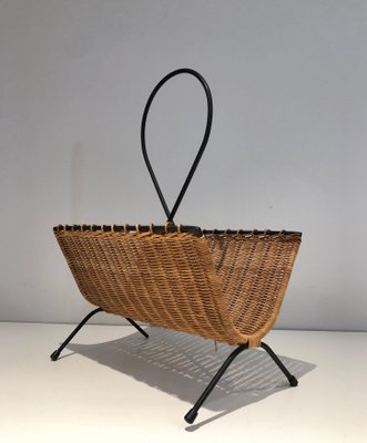 Black Lacquered Metal and Rattan Magazine Rack-BA-1365318