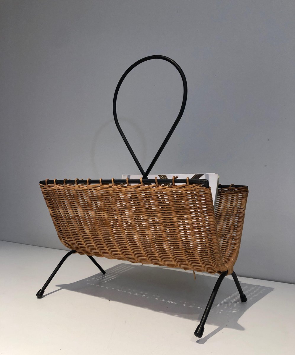 Black Lacquered Metal and Rattan Magazine Rack