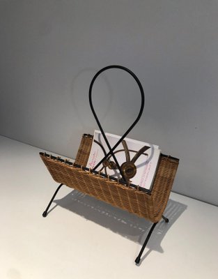 Black Lacquered Metal and Rattan Magazine Rack-BA-1365318