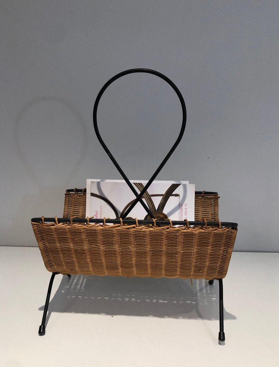 Black Lacquered Metal and Rattan Magazine Rack