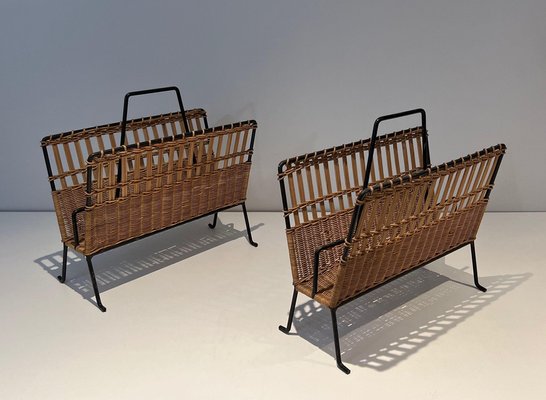 Black Lacquered Metal and Rattan Magazine Racks, 1940s, Set of 2-BA-1612882