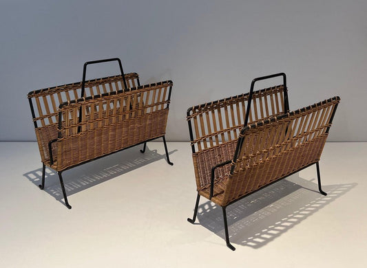 Black Lacquered Metal and Rattan Magazine Racks, 1940s, Set of 2