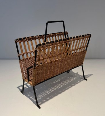 Black Lacquered Metal and Rattan Magazine Racks, 1940s, Set of 2-BA-1612882