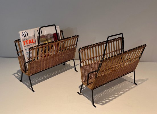 Black Lacquered Metal and Rattan Magazine Racks, 1940s, Set of 2-BA-1612882