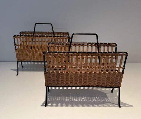 Black Lacquered Metal and Rattan Magazine Racks, 1940s, Set of 2-BA-1612882