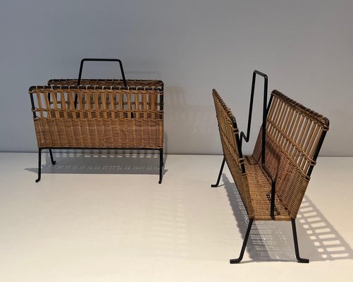 Black Lacquered Metal and Rattan Magazine Racks, 1940s, Set of 2-BA-1612882