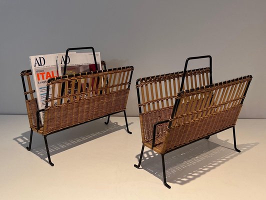 Black Lacquered Metal and Rattan Magazine Racks, 1940s, Set of 2-BA-1612882