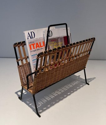 Black Lacquered Metal and Rattan Magazine Racks, 1940s, Set of 2-BA-1612882