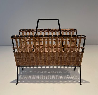 Black Lacquered Metal and Rattan Magazine Racks, 1940s, Set of 2-BA-1612882