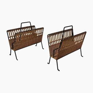 Black Lacquered Metal and Rattan Magazine Racks, 1940s, Set of 2-BA-1612882