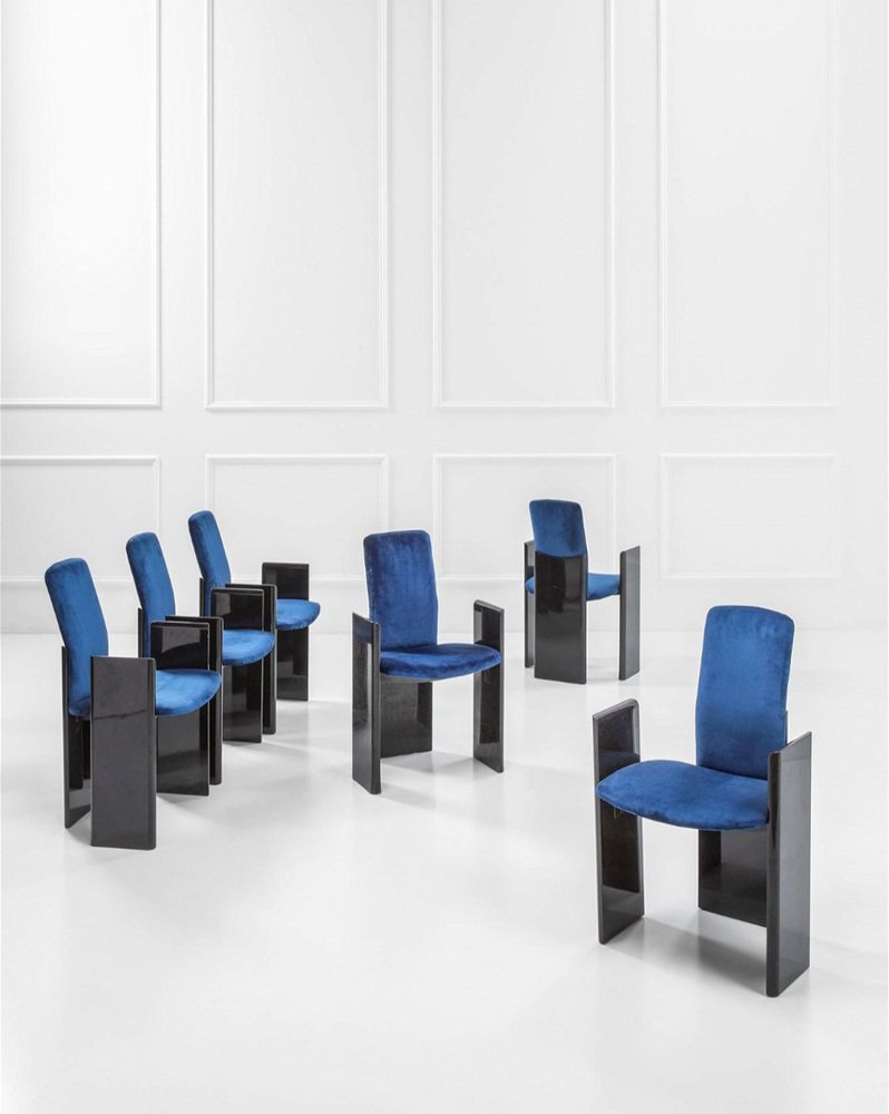 Black Lacquered Wood and Electric Blue Velvet Dining Chairs from Arflex, 1960s, Set of 6