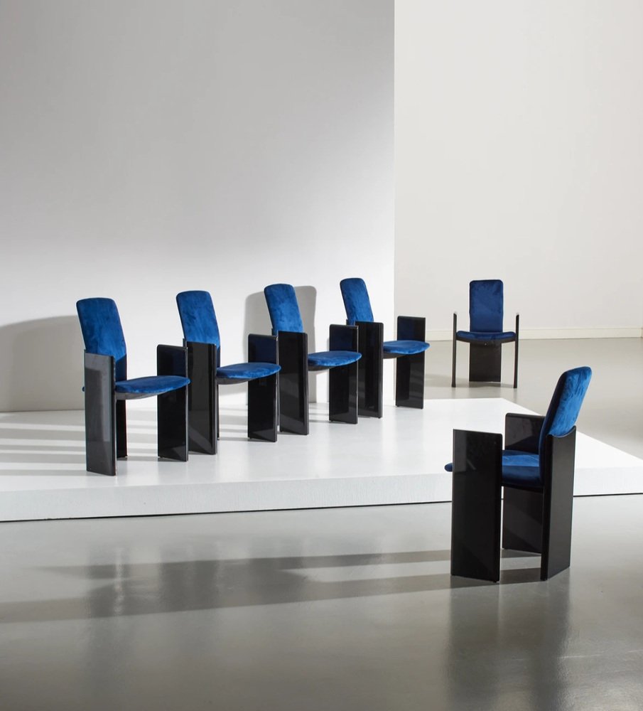 Black Lacquered Wood and Electric Blue Velvet Dining Chairs from Arflex, 1960s, Set of 6