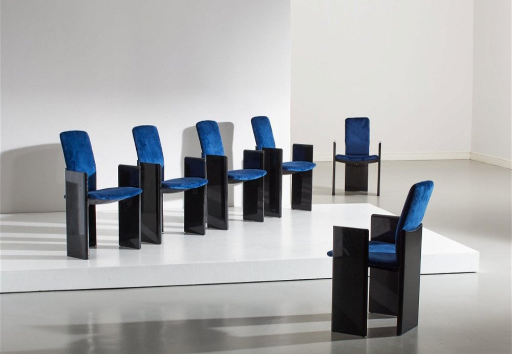 Black Lacquered Wood and Electric Blue Velvet Dining Chairs from Arflex, 1960s, Set of 6