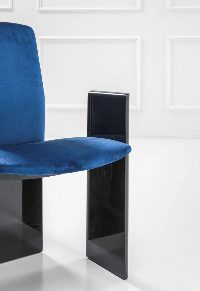 Black Lacquered Wood and Electric Blue Velvet Dining Chairs from Arflex, 1960s, Set of 6