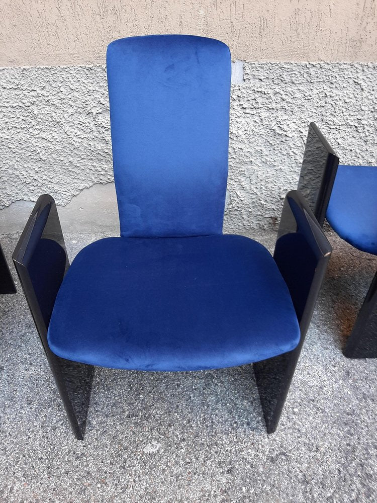 Black Lacquered Wood and Electric Blue Velvet Dining Chairs from Arflex, 1960s, Set of 6