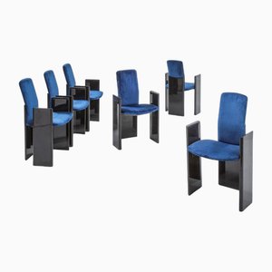 Black Lacquered Wood and Electric Blue Velvet Dining Chairs from Arflex, 1960s, Set of 6-OHK-1788206