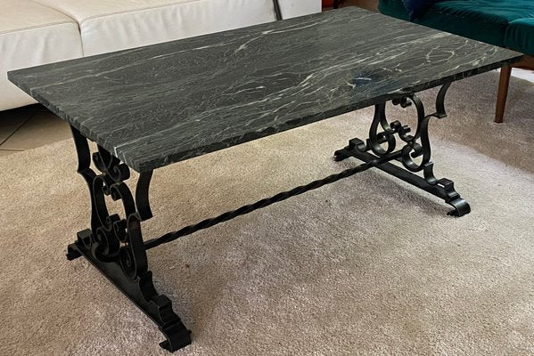 Black Lacquered Wrought Iron Coffee Table with Green Veined Marble Top-TEB-998525