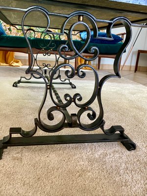 Black Lacquered Wrought Iron Coffee Table with Green Veined Marble Top-TEB-998525