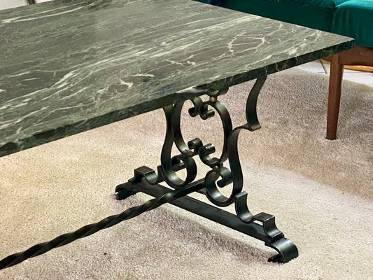 Black Lacquered Wrought Iron Coffee Table with Green Veined Marble Top-TEB-998525