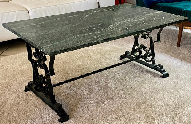 Black Lacquered Wrought Iron Coffee Table with Green Veined Marble Top-TEB-998525