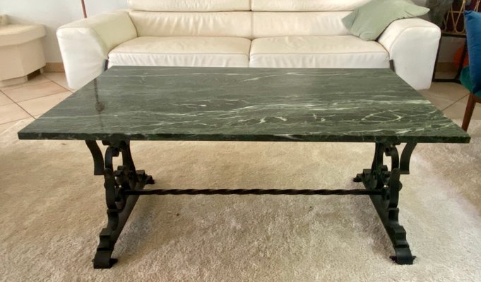 Black Lacquered Wrought Iron Coffee Table with Green Veined Marble Top-TEB-998525