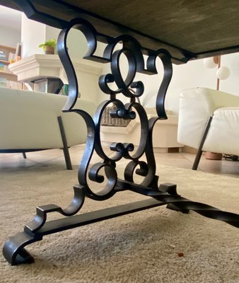 Black Lacquered Wrought Iron Coffee Table with Green Veined Marble Top-TEB-998525