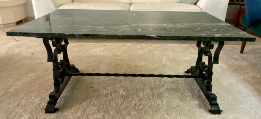 Black Lacquered Wrought Iron Coffee Table with Green Veined Marble Top-TEB-998525