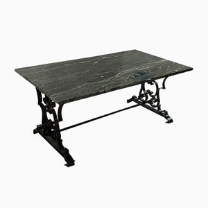 Black Lacquered Wrought Iron Coffee Table with Green Veined Marble Top-TEB-998525