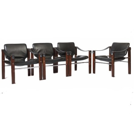 Black Leather and Teak Chelsea Safari Lounge Chairs by Maurice Burke for Arkana, Set of 2-JAG-1309936