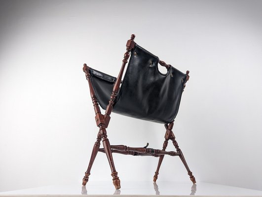 Black Leather And Turned Wood Folding Magazine Rack, 1930s-JJT-1482507