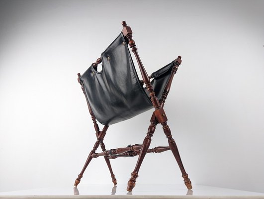 Black Leather And Turned Wood Folding Magazine Rack, 1930s-JJT-1482507